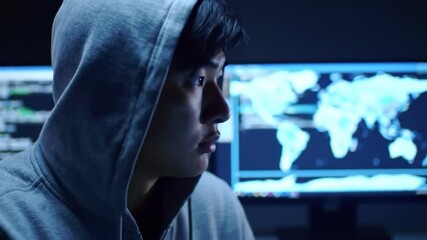 hacker sitting in the dark office and typing commands on several computer monitors