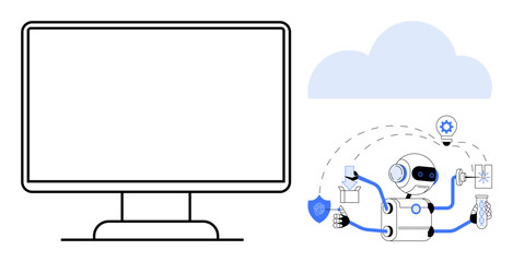 Wall Mural - robot performing multitasking with cloud connection next to a large monitor. ideal for automation, a