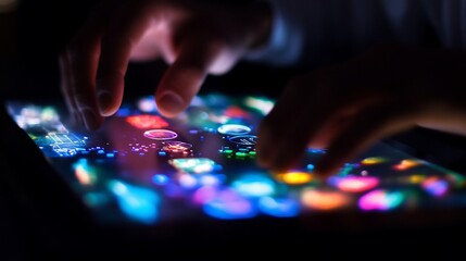 Close-up of hands interacting with a glowing tablet screen