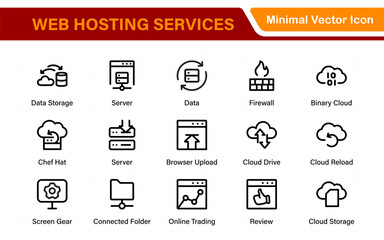 Wall Mural - Set of web hosting and cloud services icons. Linear style icon bundle.Outline icon collection.
