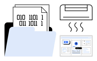 open file folder with binary code documents, a steaming paper shredder, and a monitor displaying dat