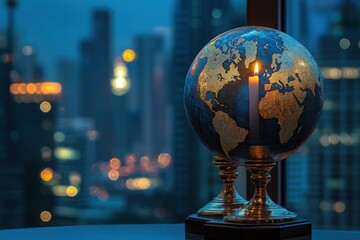 Wall Mural - A globe with a candle inside of a cityscape. Earth sphere and stock market candlesticks.