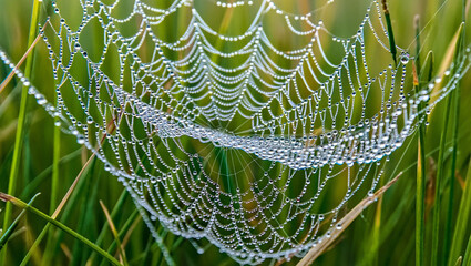 Dewdrops on a spiderweb in green grass