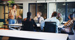 © peopleimages.com - Woman, speaker and meeting with staff in office for discussion, planning and ideas for headline. Manager, talking and people listen to article feedback, brainstorming and proposal of online magazine