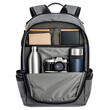 © ARAFAT 12  - Gray backpack open with a camera, water bottle, wallet, and thermos inside on a solid black background