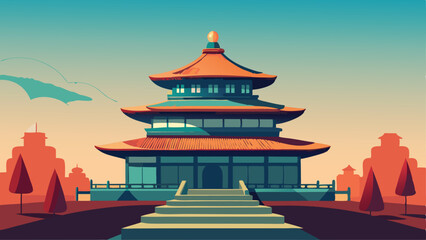 A pagoda style building with steps leading to the entrance landscape illustration