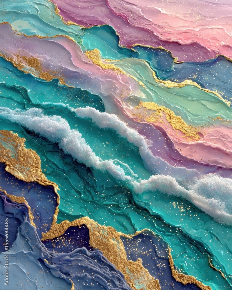 Abstract fluid art painting in pastel rainbow colors with gold g Stock ...