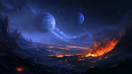 Vast alien landscape with fiery volcanoes and distant blue planets.  Night sky filled with stars