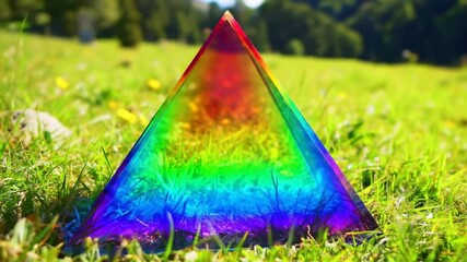 Colorful rainbow transparent resin pyramid on grassy field daylight photography