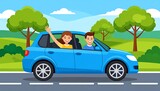 Happy couple driving a car outdoors