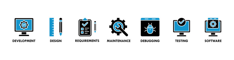 Agile banner web icon vector illustration concept with icon of development, design, requirements, maintenance, debugging, testing and software