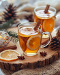 © aboutnuylove - Mulled tea with lemon and spices on a wooden background.
