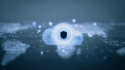 Wall Mural - digital fortress: a digital cloud with a shield symbol illuminates against a global data network. sy