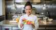 © Natsumae - Delighted Culinary Artist: A skilled chef beams with pride, presenting a vibrant plate of colorful macarons in a bright, modern kitchen, embodying the joy of pastry artistry.