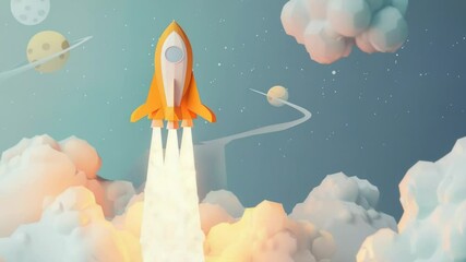 Wall Mural - a rocket soaring through fluffy clouds with planets visible in the background