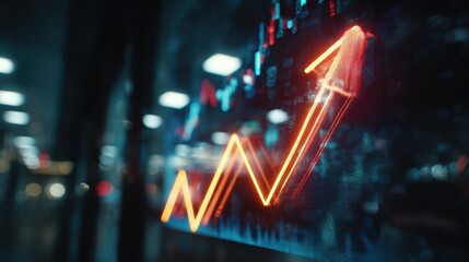 Wall Mural - dynamic financial data presentation with bright neon arrow on a glass screen in office.