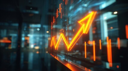 Wall Mural - dynamic financial data presentation with bright neon arrow on a glass screen in office.