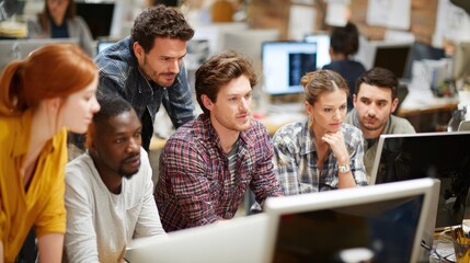Wall Mural - group of office workers conducting a planning session using digital tools and monitors.