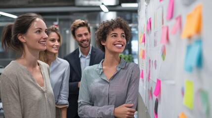 Wall Mural - young corporate team analyzing charts and sticky notes on a digital screen in a tech startup workspa