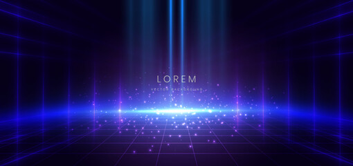 Canvas Print - scene glownig blue anid purple light with lighting effect and sparkle on dark blue background.