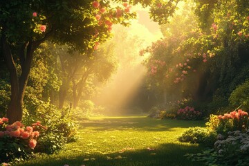 Wall Mural - lush garden with pink roses, sunlight, and green grass in a peaceful scenery. use this photo for ser