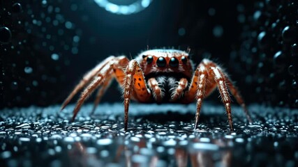 Jumping spider with striking orange color in a dark environment surrounded by droplets