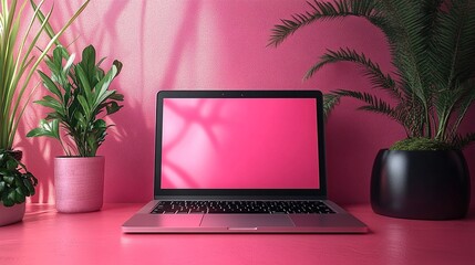 A stylish laptop in a minimalist flat design with floating UI elements placed on a pastel background, showing modern technological aesthetics and a simple digital interface.
