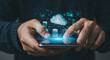 © happy - Cloud Computing on Mobile: A person's hands hover over a smartphone, showcasing a futuristic digital cloud computing interface. Data streams and icons emerge from the device.