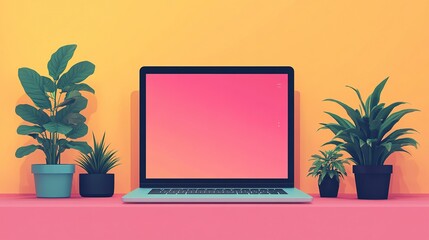 A stylish laptop in a minimalist flat design with floating UI elements placed on a pastel background, showing modern technological aesthetics and a simple digital interface.