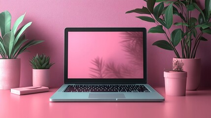 A stylish laptop in a minimalist flat design with floating UI elements placed on a pastel background, showing modern technological aesthetics and a simple digital interface.