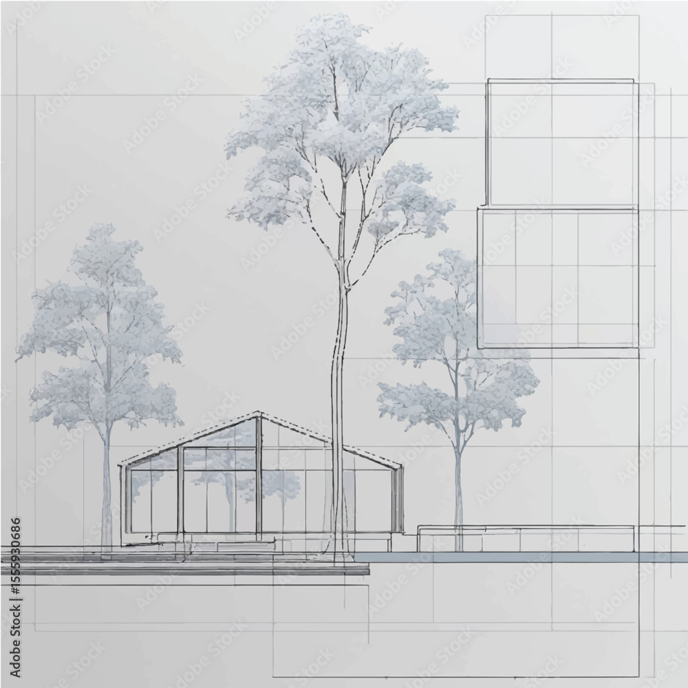 Tree Layout Lines Minimal CAD tree line drawings with side, plan, and section views ...