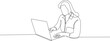 © ideartstuff - Continuous Line Drawing of a Women Using Laptop at a Table. Minimalist illustration of people working on laptop in black linear sketch isolated on white background.