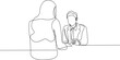 © ideartstuff - Job interview - vector modern simple one continuous line design composition with recruiter and candidate. Minimalist illustration of women and men sitting and talking.