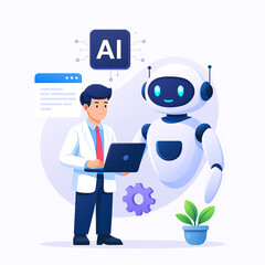future of technology shows a collaboration between a programmer and robot, signifying artificial int