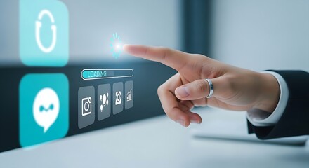 Business professional uses modern technology to tap into virtual interface with floating application icons, symbolizing innovation.