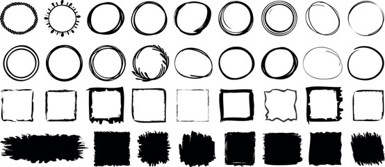 Wall Mural - hand drawn circle and square frame set in ink brush style. abstract rough border elements for graphi
