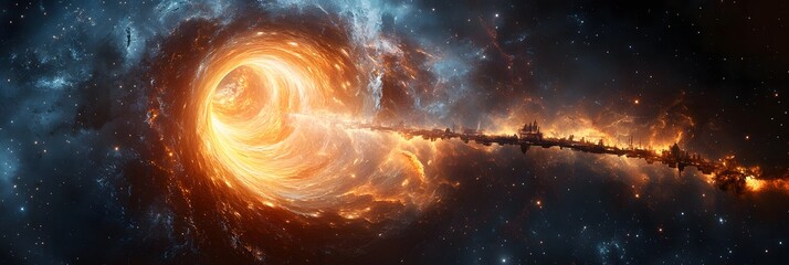 Wall Mural - A celestial gateway with a glowing ring in space and distant structures along a cosmic bridge