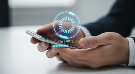 Wall Mural - close-up of hands holding smartphone displaying a digital progress bar and loading circle, symbolizi