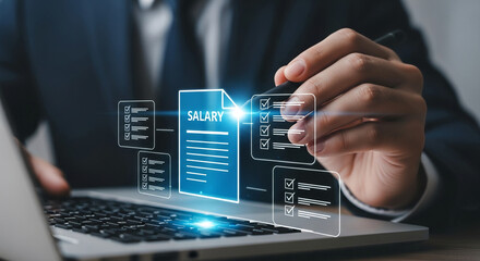 Wall Mural - close-up of hand interacting with digital salary document and checklist on laptop, showcasing effici