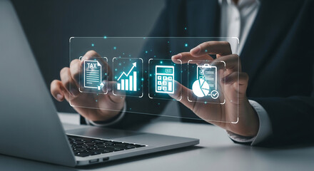 Wall Mural - hands interact with a transparent digital interface displaying tax document, graph, calculator, and 