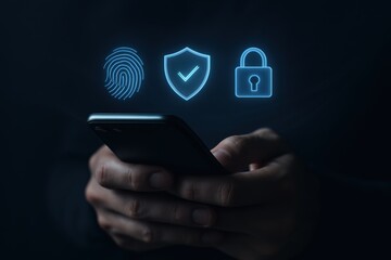 person holding smartphone with security icons displayed above the device screen