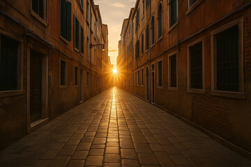  Goldenes Sonnenlicht in historischer Gasse – Kopfsteinpflaster und Altbauten bei Sonnenuntergang in Europa