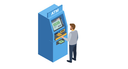 Isometric vector illustration of man using atm for banking transaction design