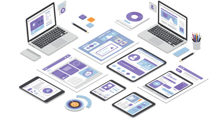Wall Mural - isometric digital workspace vector illustration for design and technology concepts