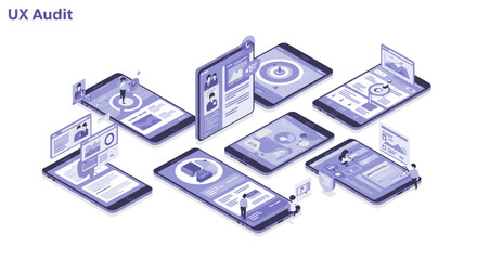 Wall Mural - ux audit concept design in isometric vector illustration style for digital interface analysis