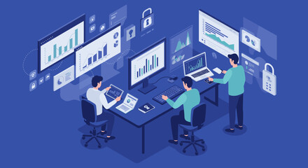 Cybersecurity team data analysis vector illustration design for office poster in isometric style