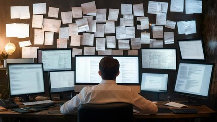 Software developer immersed in coding, surrounded by multiple monitors and sticky notes on the wall, diligently creating new applications or troubleshooting existing software