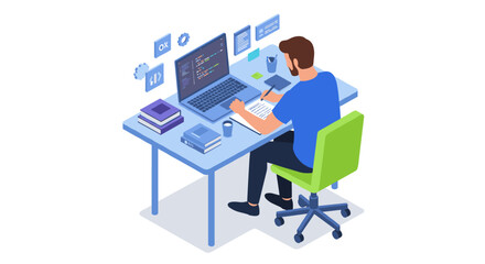 Programming workspace vector illustration: developer coding in office, design for tech poster, isometric style