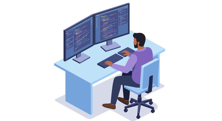 Isometric vector illustration of a software developer at desk for office design