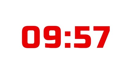 Digital countup clock timer in zero second to 10 minute. White text number on isolated black background. Element for overlay concept. 10 minute countdown timer with whitebackground.